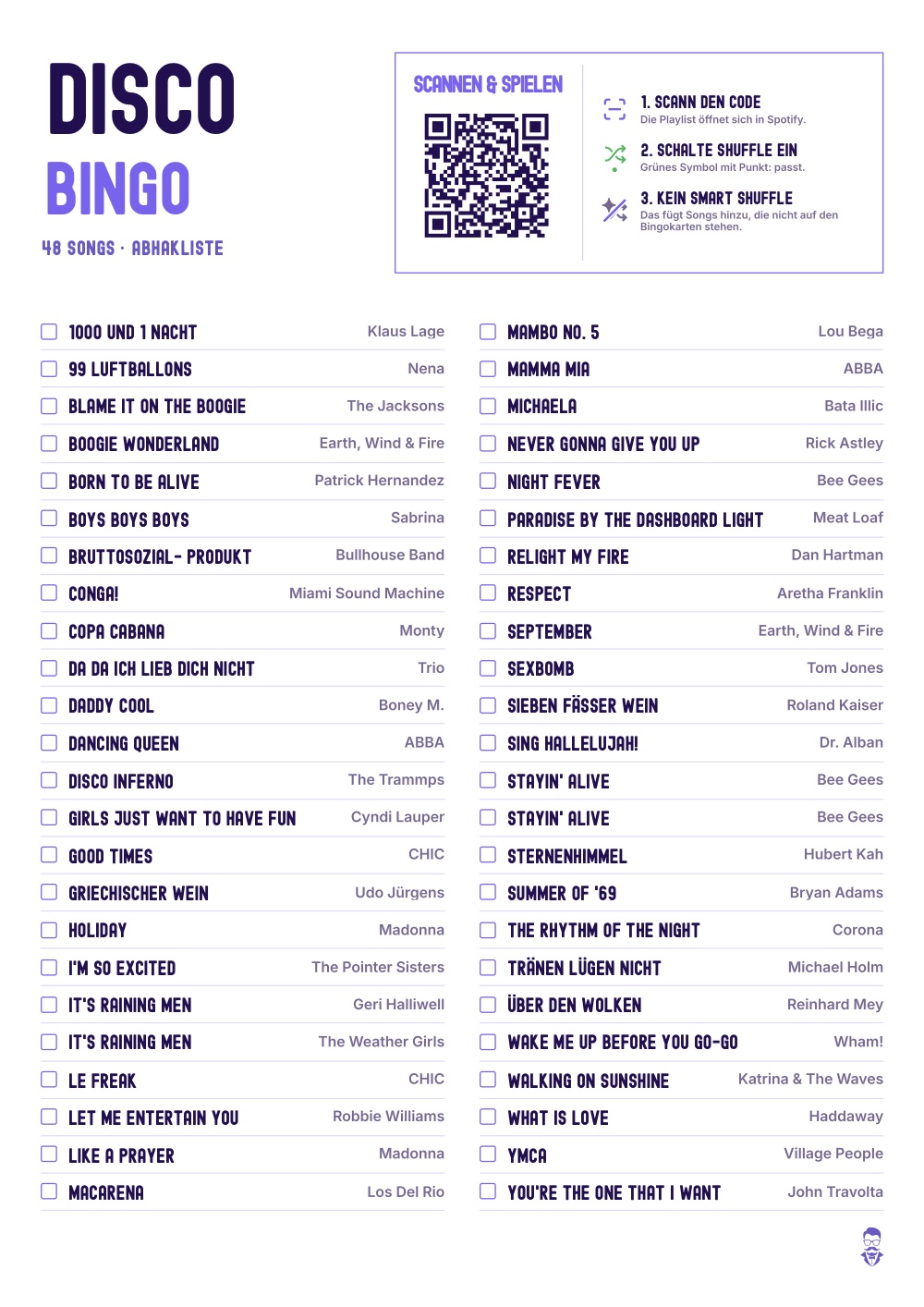 Die Abhakliste von Disco Bingo mit allen Songs