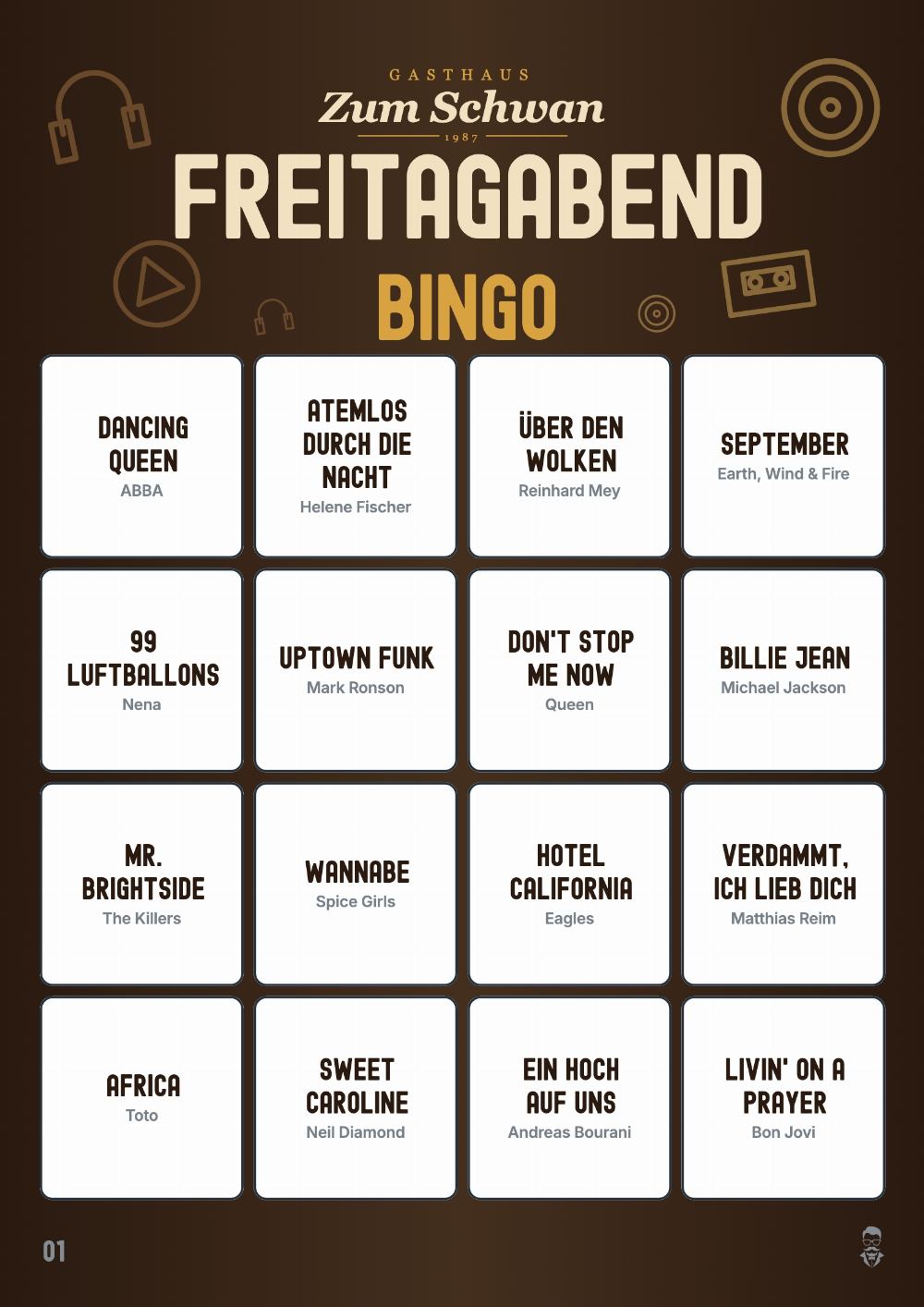 Beispiel: Bingokarte Freitagabend Bingo im Look des Gasthauses Zum Schwan, mit 16 Songs wie Dancing Queen und Atemlos durch die Nacht