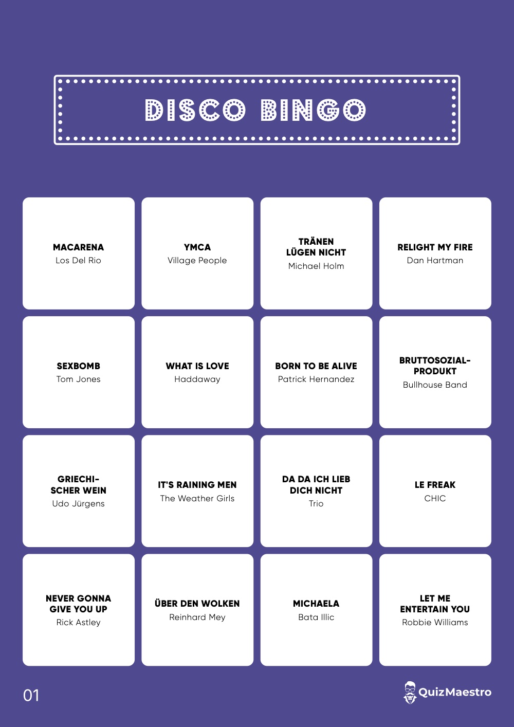 Eine Disco Bingo Karte mit Songs