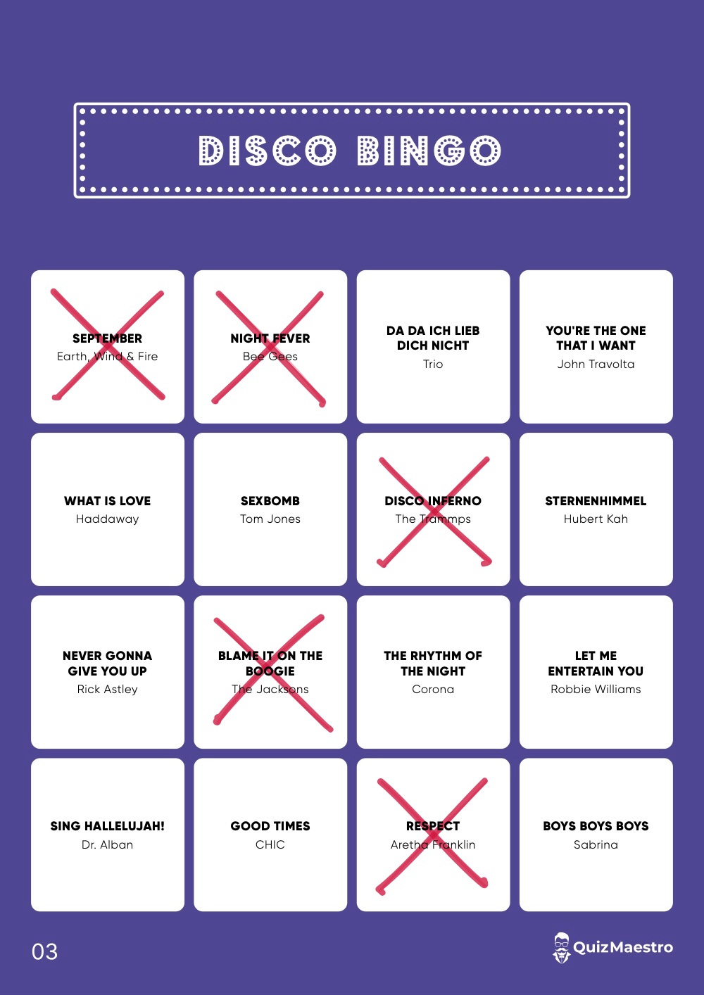Eine gespielte Disco Bingo Karte mit fünf Kreuzen
