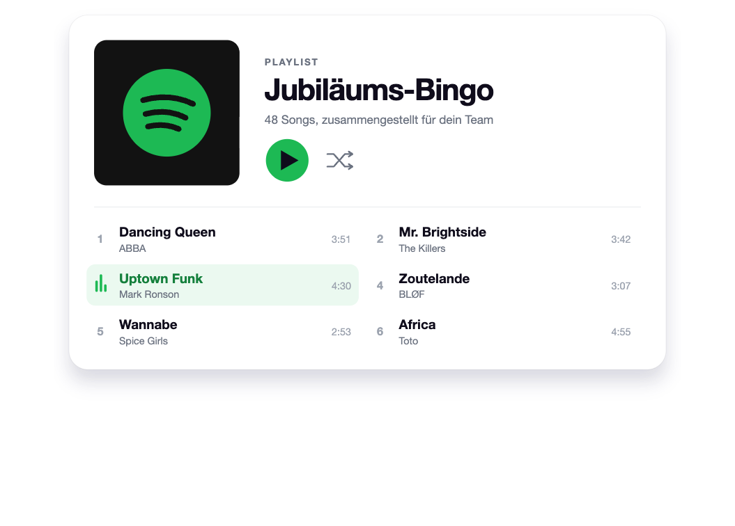 Beispiel einer Playlist für ein Musik-Bingo nach Maß: Jubiläums-Bingo mit 48 Songs