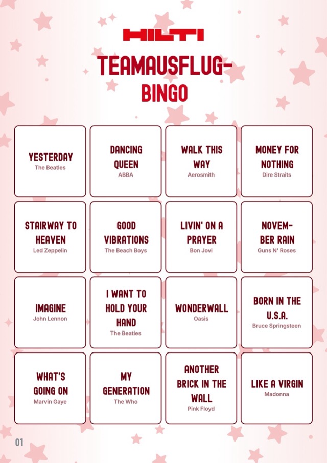 Beispielentwurf: Musik-Bingo-Karte im Corporate Design von Hilti