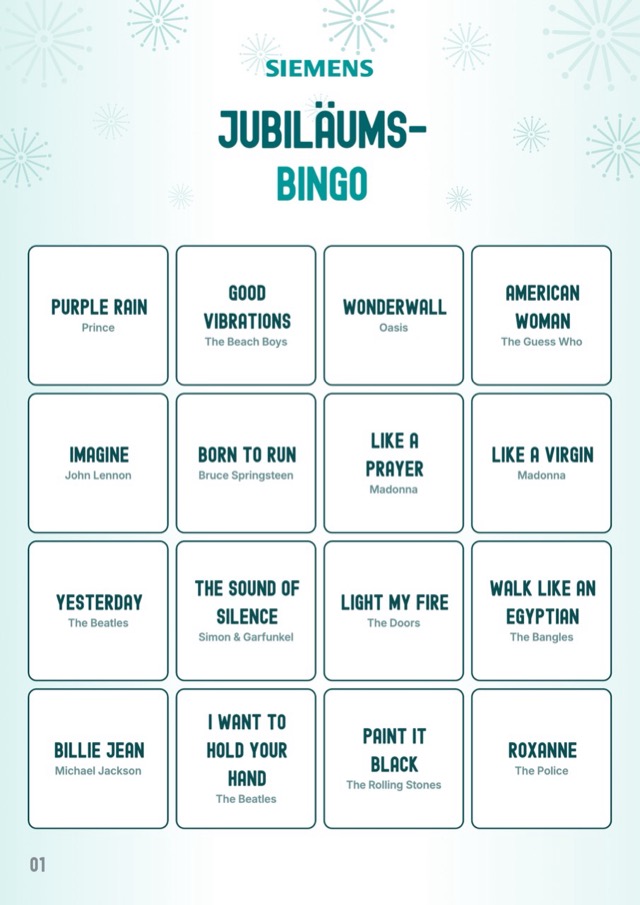 Beispielentwurf: Musik-Bingo-Karte mit dem eigenen Titel Jubiläums-Bingo im Corporate Design von Siemens