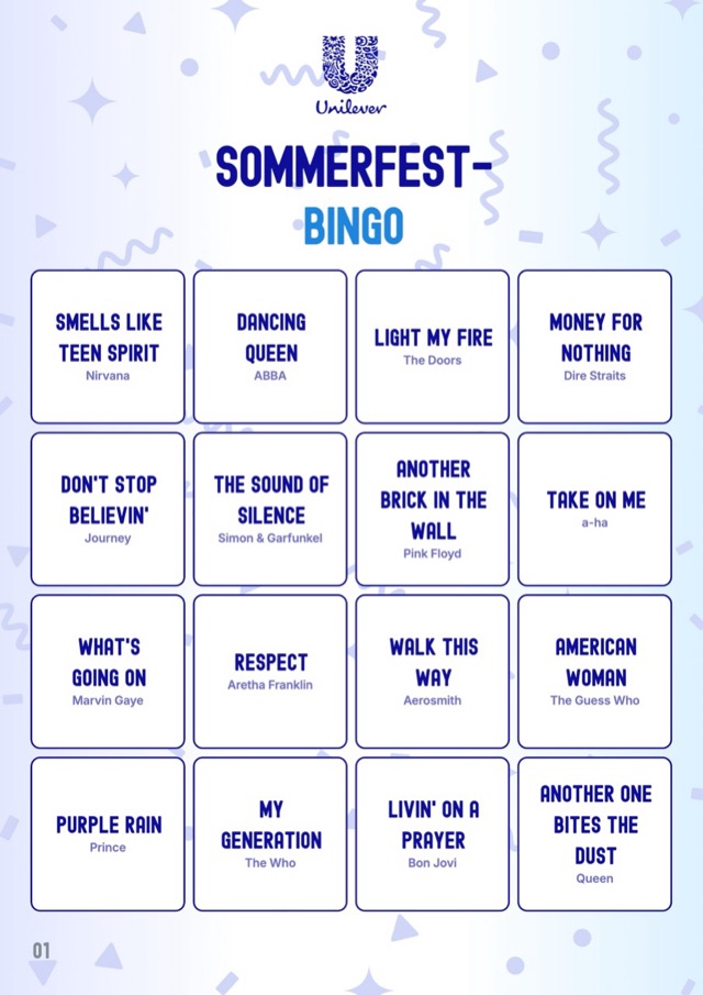Beispielentwurf: Musik-Bingo-Karte im Corporate Design von Unilever